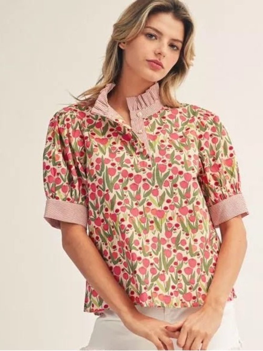 NWOT Jodifl ruffle mockneck Floral print tulips Button-Up Puff Sleeve Top Stripe - Picture 8 of 10